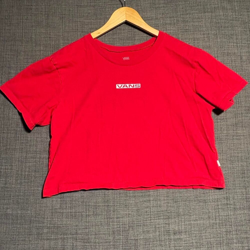 Womens Red Vans cropped tee with black 'VANS 66 OFF THE WALL' graphic, size M